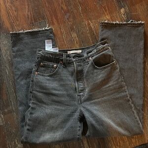 Gray Straight Cut Jeans with Distressed Details